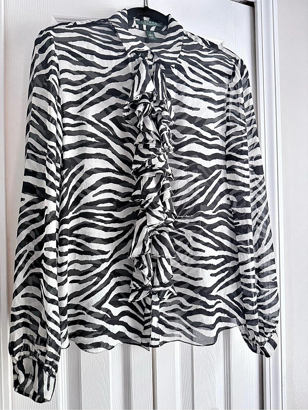 Lauren Ralph Lauren Zebra Print Silk Blouse Size Large Like New